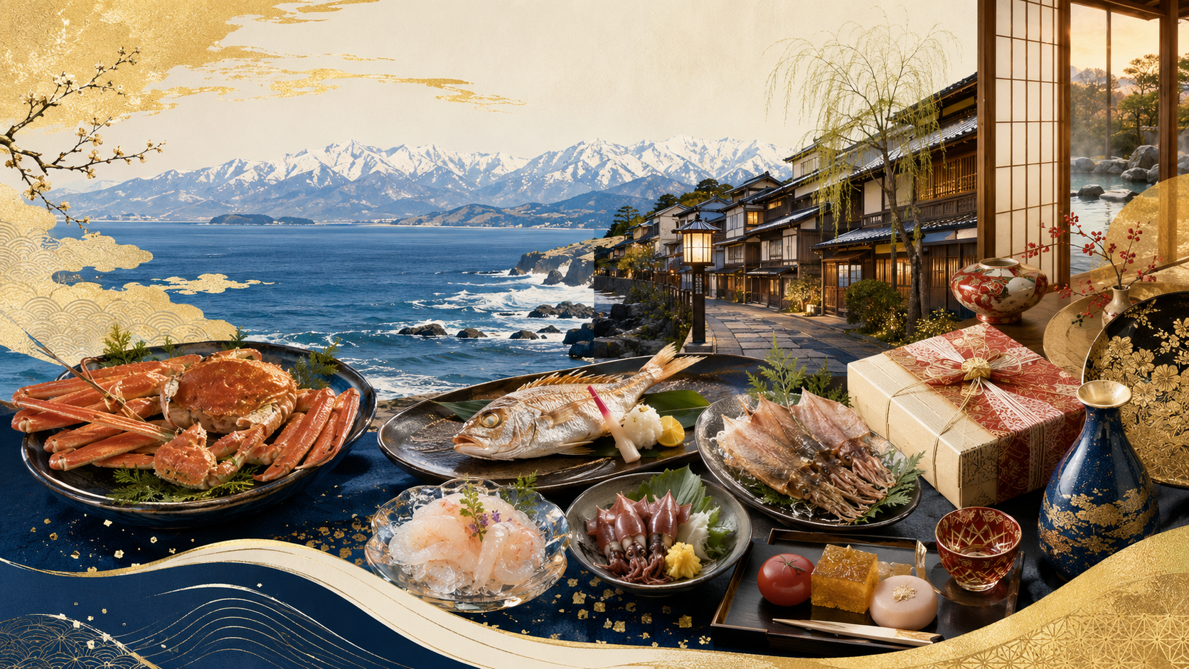 北陸の海、温泉宿、海産物、土産、地酒をイメージしたトップ画像